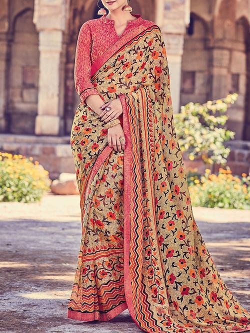 beige georgette printed saree with blouse - 15144524 - Very Small Image - 1