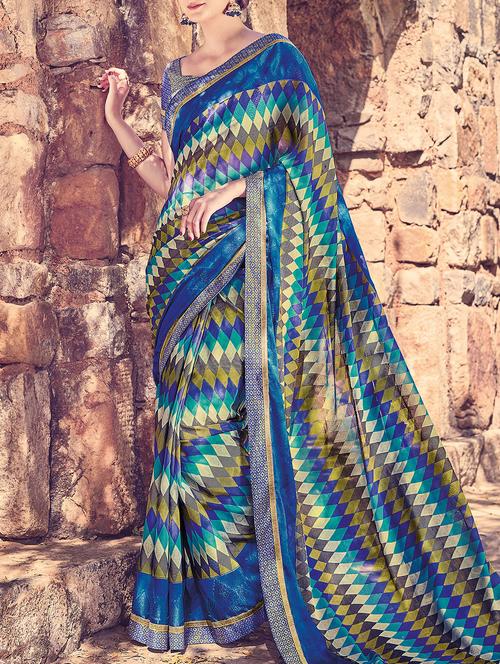blue georgette printed saree with blouse - 15144526 - Very Small Image - 1