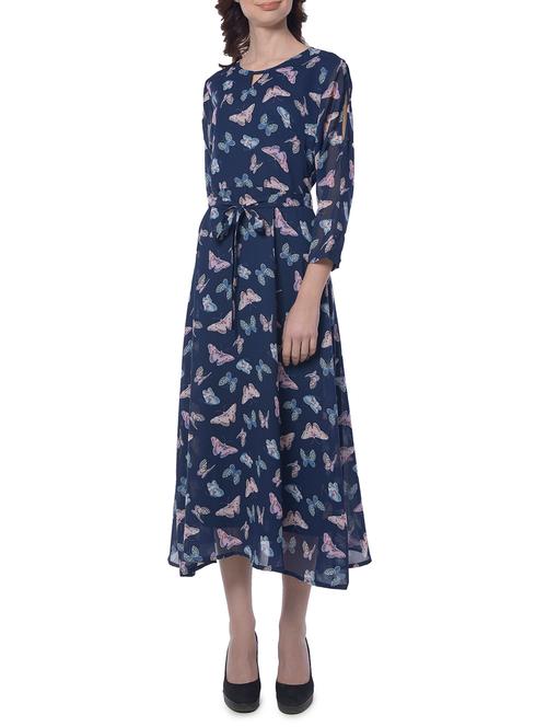 navy blue printed georgette belted dress - 15144930 - Very Small Image - 1