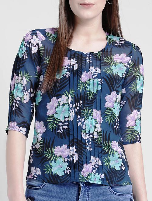 navy blue printed georgette top - 15144945 - Very Small Image - 1