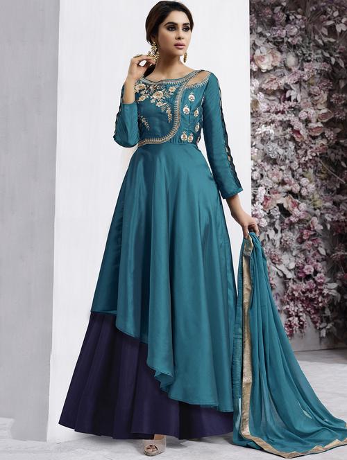 embroidered semi-stitched flared suit - 15145108 - Very Small Image - 1