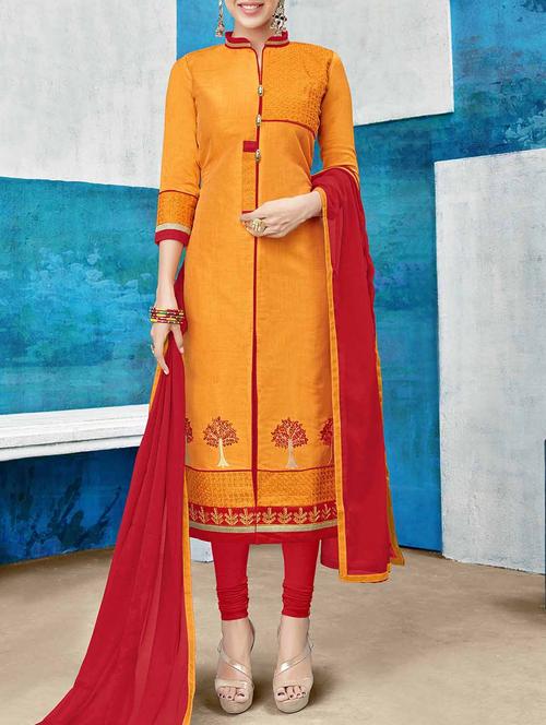 orange embroidered unstitched churidaar suit - 15147237 - Very Small Image - 1