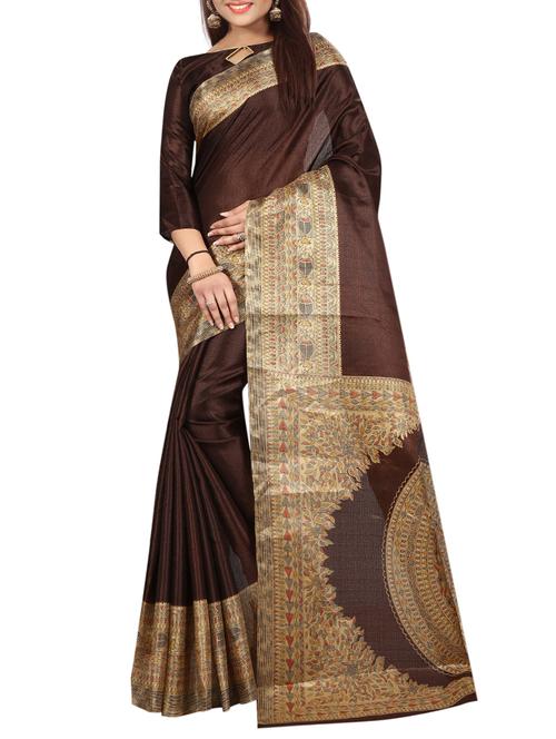 brown art silk printed saree with blouse - 15147860 - Very Small Image - 1