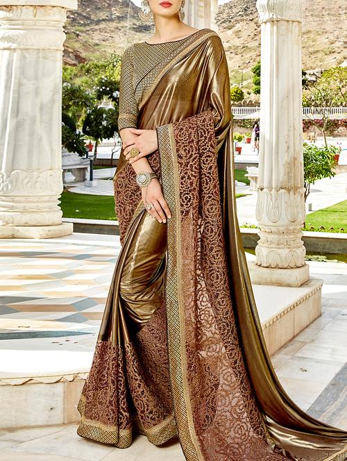 brown silk embroidered saree with blouse - 15147881 - Very Small Image - 1