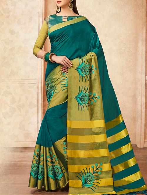 turquoise silk embroidered saree with blouse - 15147892 - Very Small Image - 1