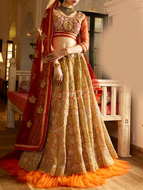 orange embroidered flared lehenga - 15148350 - Very Small Image - 1