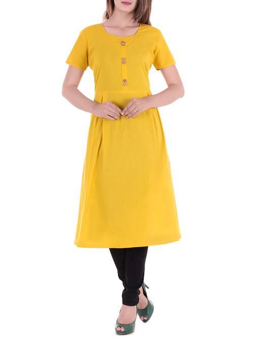 yellow cotton solid a-line kurta - 15148486 - Very Small Image - 1