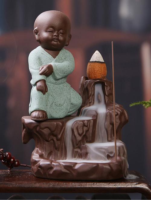 karate style monk buddha smoke backflow cone incense holder with 10 free smoke - 15149709 - Very Small Image - 1