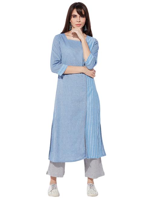 blue cotton straight kurta - 15149715 - Very Small Image - 1