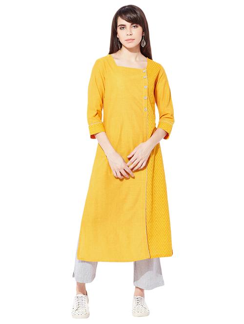 yellow cotton straight solid kurta - 15149717 - Very Small Image - 1