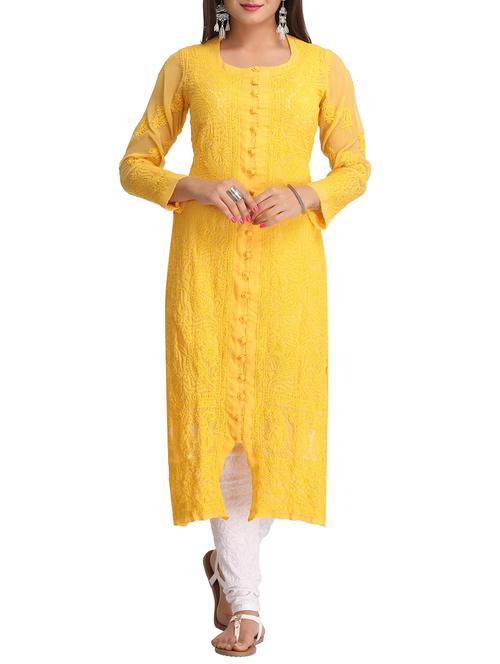 yellow georgette straight kurta - 15150001 - Very Small Image - 1