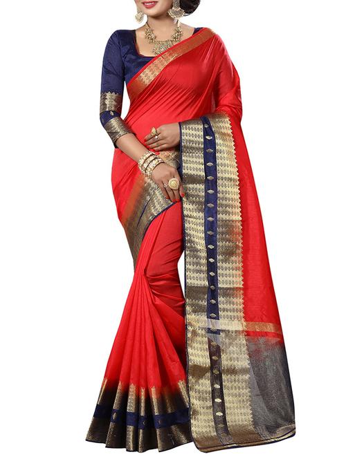 red cotton silk bordered saree with blouse - 15150853 - Very Small Image - 1