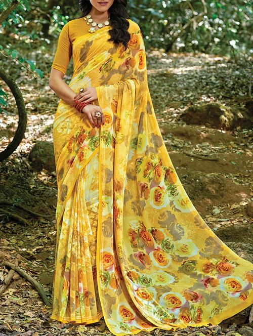 yellow georgette printed saree with blouse - 15151010 - Very Small Image - 1