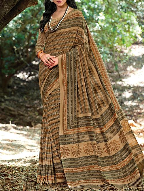 beige crepe printed saree with blouse - 15151022 - Very Small Image - 1