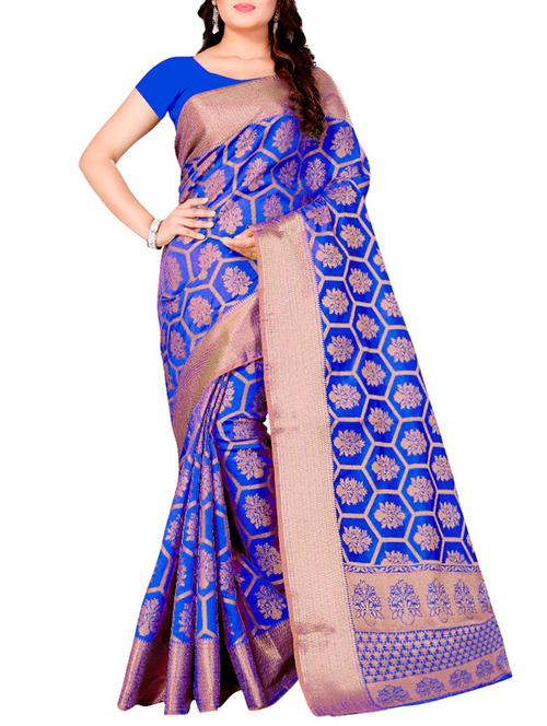 blue banarasi silk saree with blouse - 15151192 - Very Small Image - 1