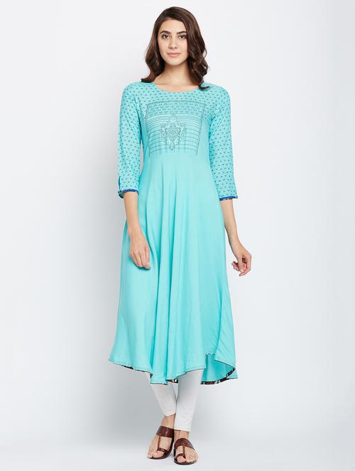 turquoise cotton flared kurta - 15151250 - Very Small Image - 1