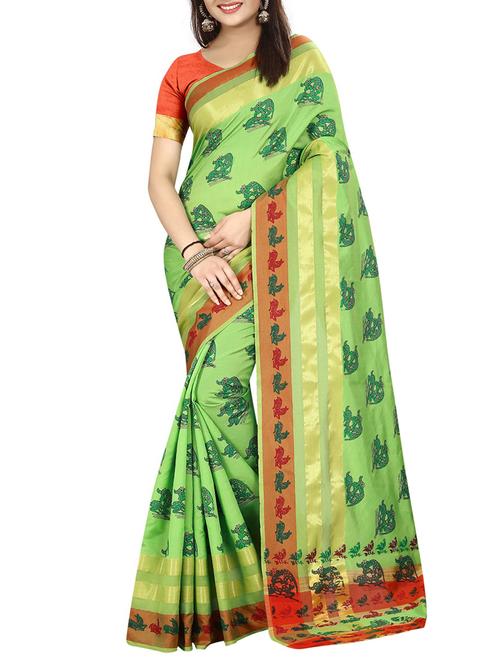 green cotton silk printed saree with blouse - 15151486 - Very Small Image - 1