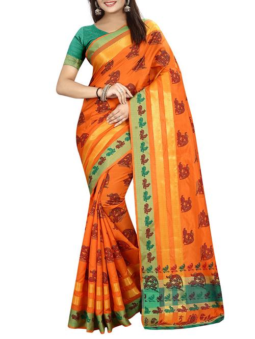 orange cotton silk printed saree with blouse - 15151487 - Very Small Image - 1