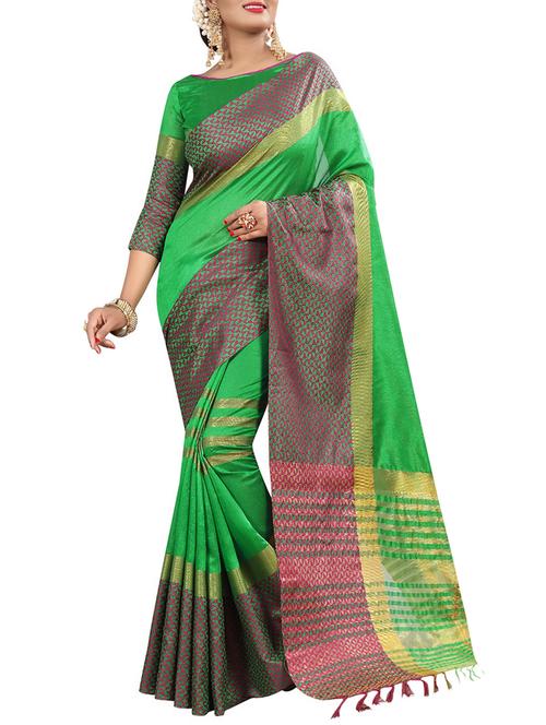 green cotton silk bordered saree with blouse - 15151570 - Very Small Image - 1