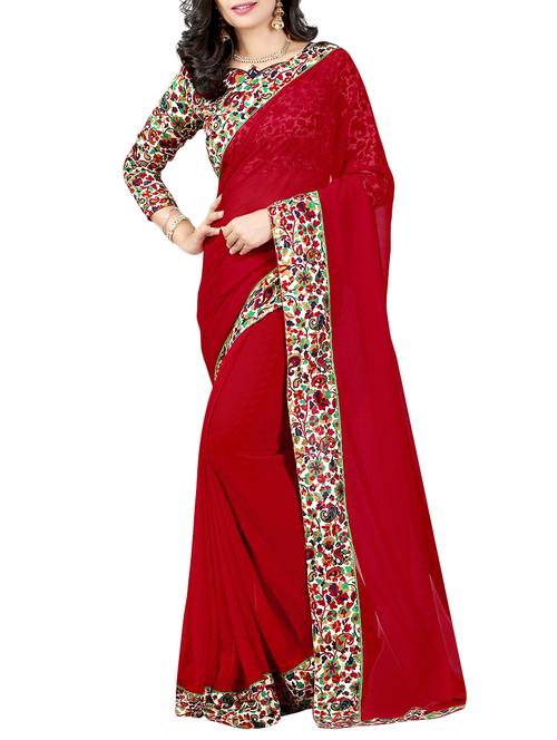 red chiffon bordered saree with blouse - 15151621 - Very Small Image - 1