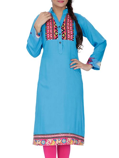 turquoise rayon straight kurta - 15154037 - Very Small Image - 1