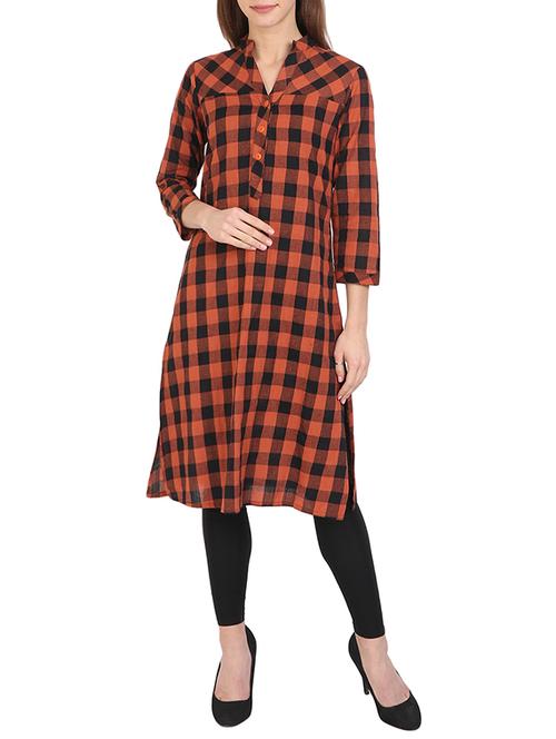 orange cotton straight checks kurta - 15154043 - Very Small Image - 1