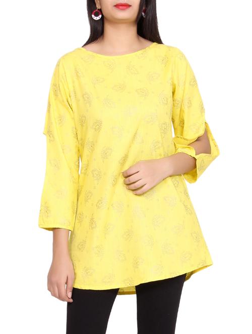 yellow cotton straight kurti - 15154061 - Very Small Image - 1