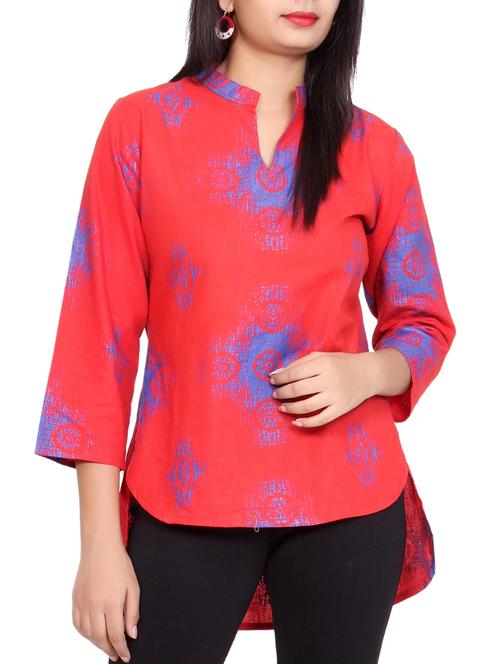 red cotton highlow kurti - 15154069 - Very Small Image - 1