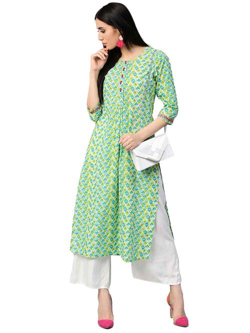 turquoise cotton straight kurta - 15154958 - Very Small Image - 1