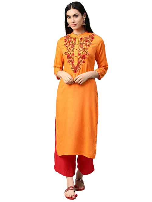 orange viscose straight embroidered kurta - 15154961 - Very Small Image - 1