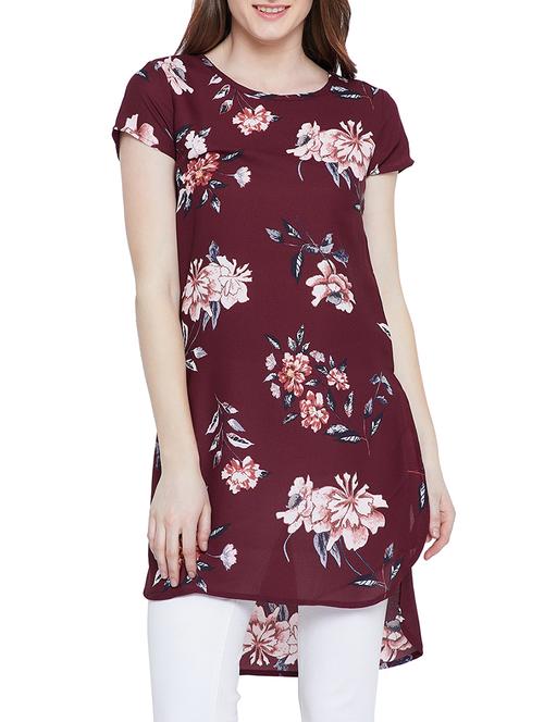 maroon crepe floral high-low tunic - 15156088 - Very Small Image - 1
