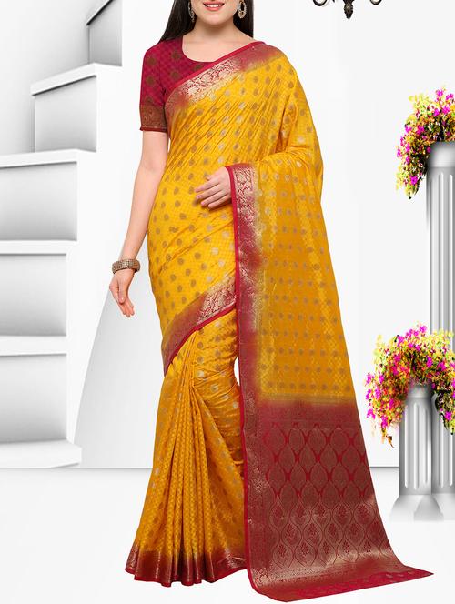 mustard silk banarasi saree with blouse - 15156109 - Very Small Image - 1