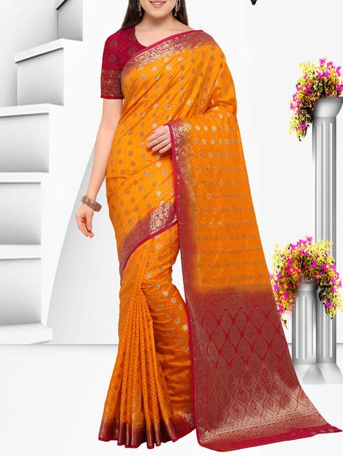 orange silk banarasi saree with blouse - 15156111 - Very Small Image - 1