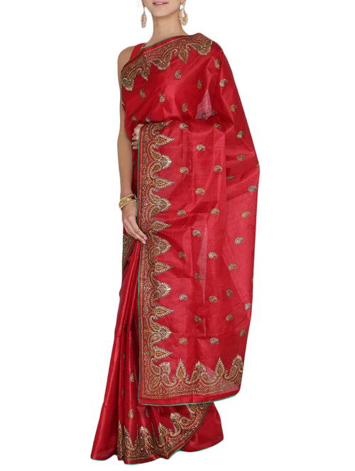 red art silk embroidered saree with blouse - 15159589 - Very Small Image - 1