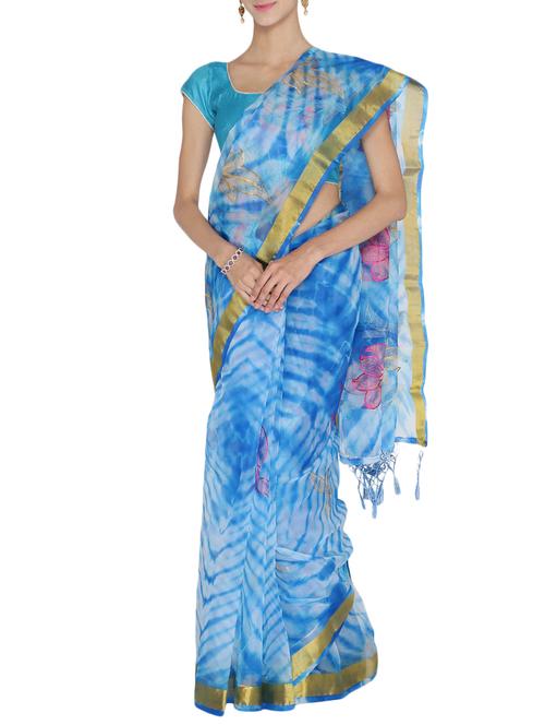 sky blue cotton blend tie & dye saree with blouse - 15159594 - Very Small Image - 1
