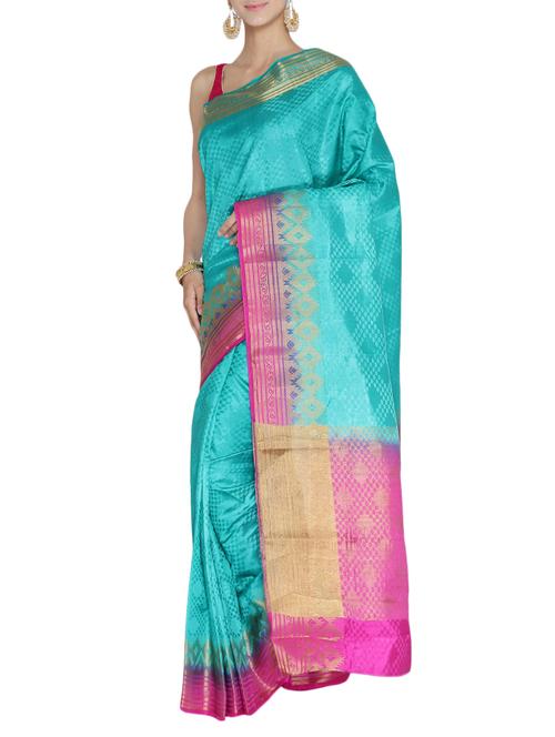 turquoise art silk woven saree with blouse - 15159599 - Very Small Image - 1