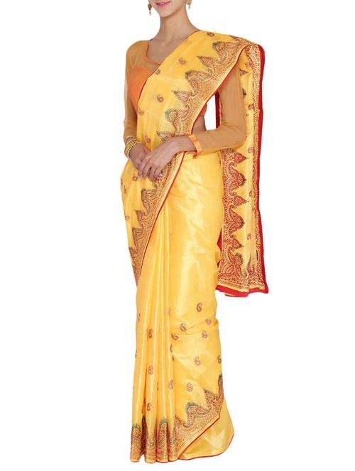 yellow art silk embroidered saree with blouse - 15159610 - Very Small Image - 1