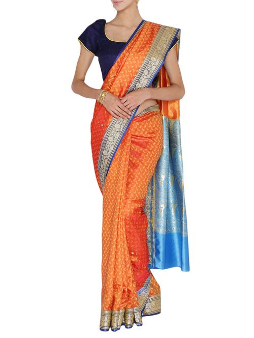 orange art silk woven saree with blouse - 15159614 - Very Small Image - 1
