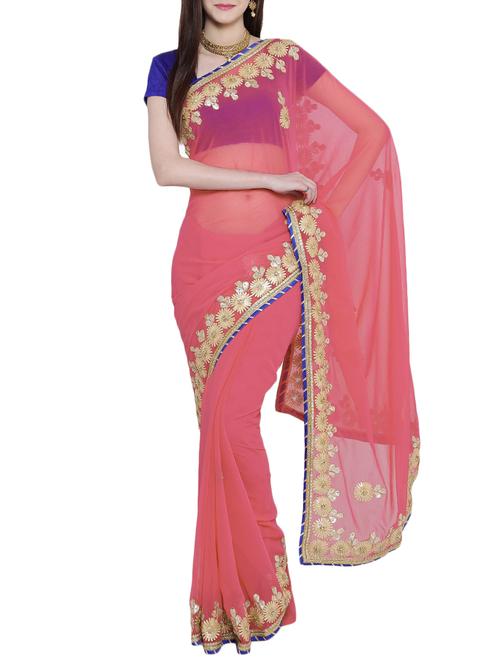 pink georgette gota patti saree with blouse - 15159615 - Very Small Image - 1
