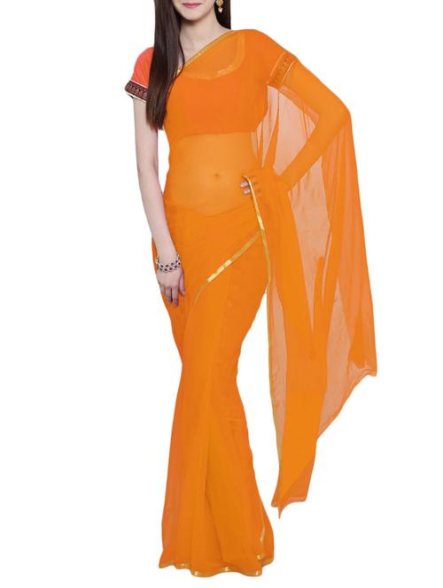 orange chiffon plain saree with blouse - 15159621 - Very Small Image - 1