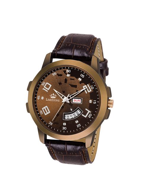 limestone globe day and date functioning analog watch for boys/men (brown) - 15159625 - Very Small Image - 1