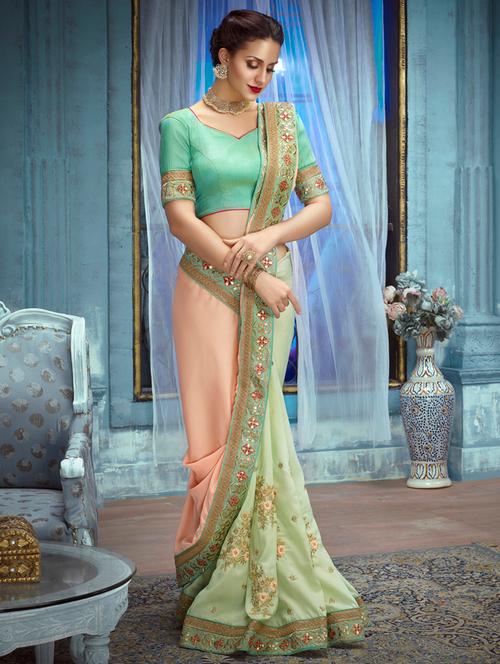 zari embroidered half and half saree with blouse - 15159628 - Very Small Image - 1