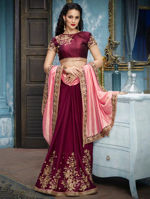 maroon half and half saree with blouse - 15159630 - Very Small Image - 1