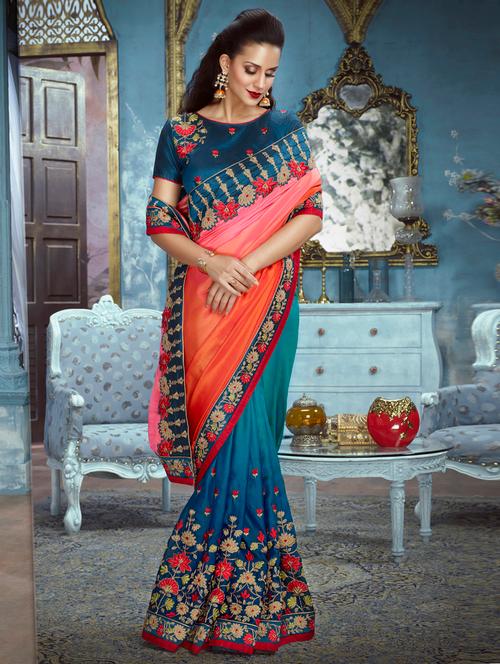 blue half and half saree with blouse - 15159640 - Very Small Image - 1