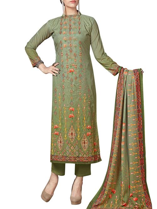 green embroidered semi-stitched straight pant suit - 15159655 - Very Small Image - 1