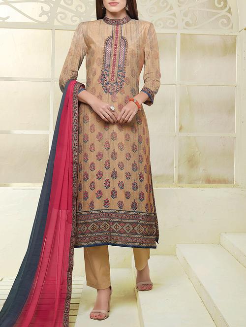 beige embroidered unstitched straight pant suit - 15161033 - Very Small Image - 1