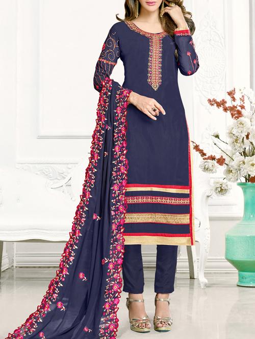 blue embroidered semi-stitched straight pant suit - 15163533 - Very Small Image - 1