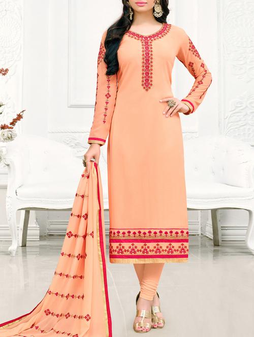 orange embroidered semi-stitched straight pant suit - 15163537 - Very Small Image - 1