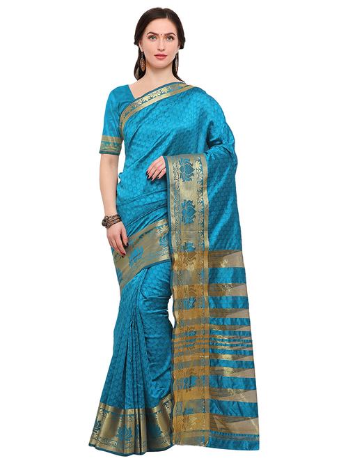 sky blue silk blend woven saree with blouse - 15164884 - Very Small Image - 1
