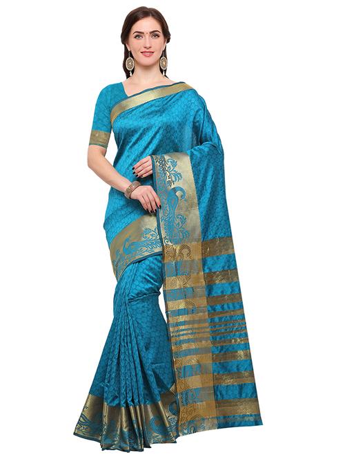 turquoise silk blend woven saree with blouse - 15164886 - Very Small Image - 1